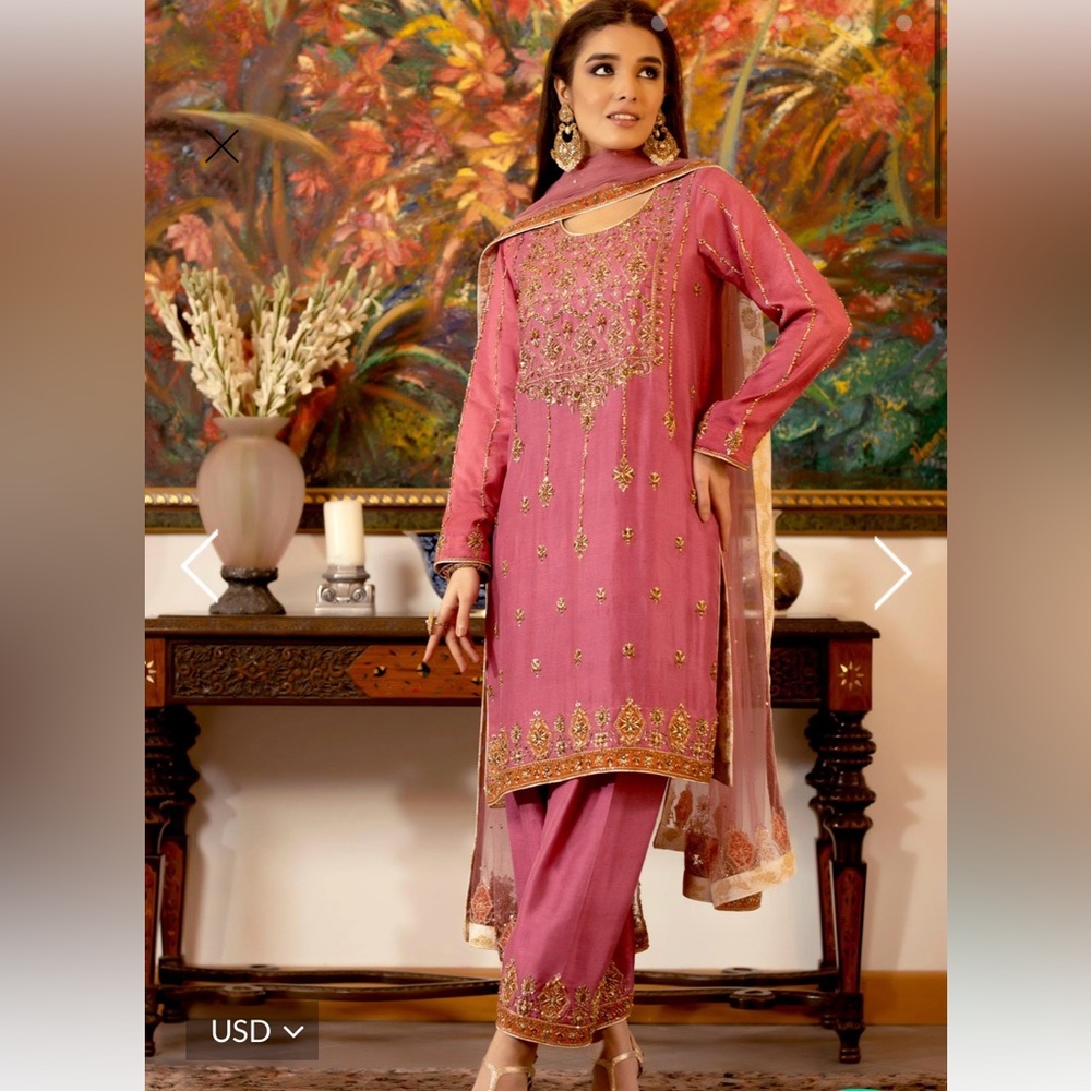 Pink Pakistani 3-piece Designer Kurta Kameez Set by Zaaviay